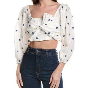 NWOT ✨ FARM Rio Blue Flowers Long Sleeve Crop Top - White Embroidered Floral LG